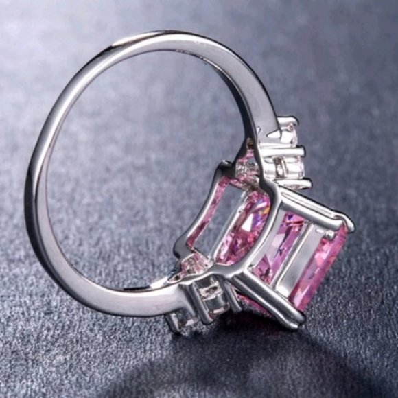silver ring women princess cut pink sapphire - Picture 5 of 5
